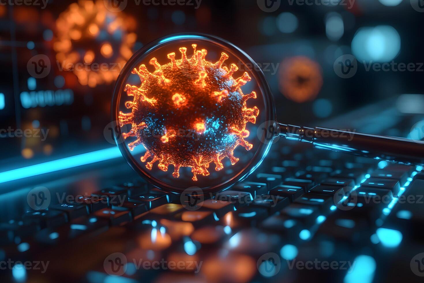 Digital Virus Detection Concept with Magnifying Glass on Keyboard for Cybersecurity Awareness photo