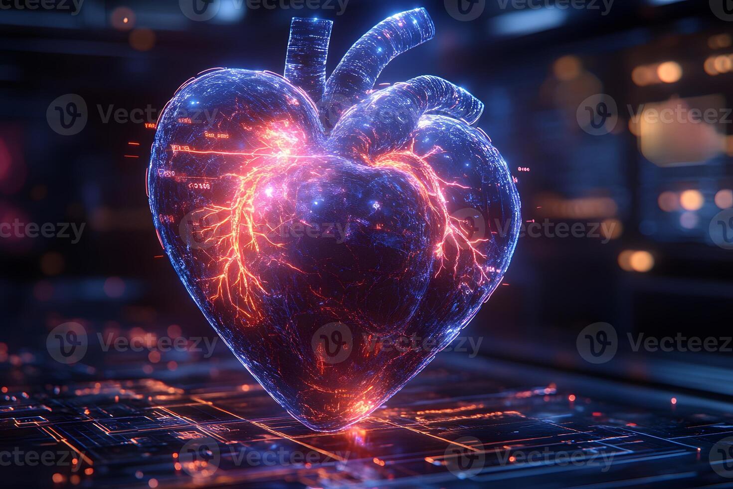 Futuristic Digital Heart with Neon Lights for Technology and Medical Innovation Design photo