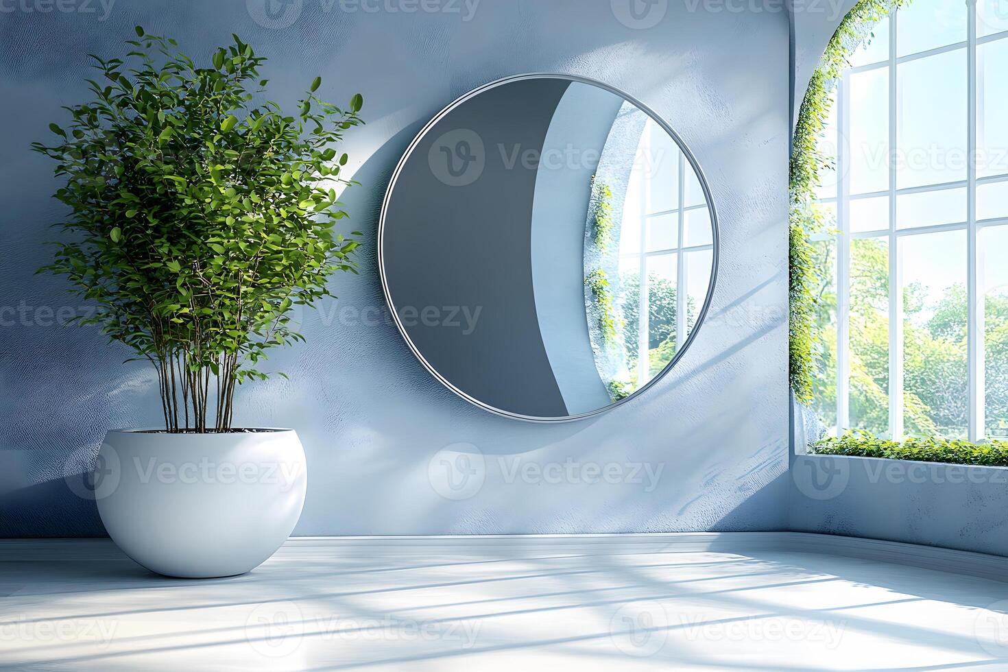 Modern Interior Design with Elegant Round Mirror and Lush Green Plant photo