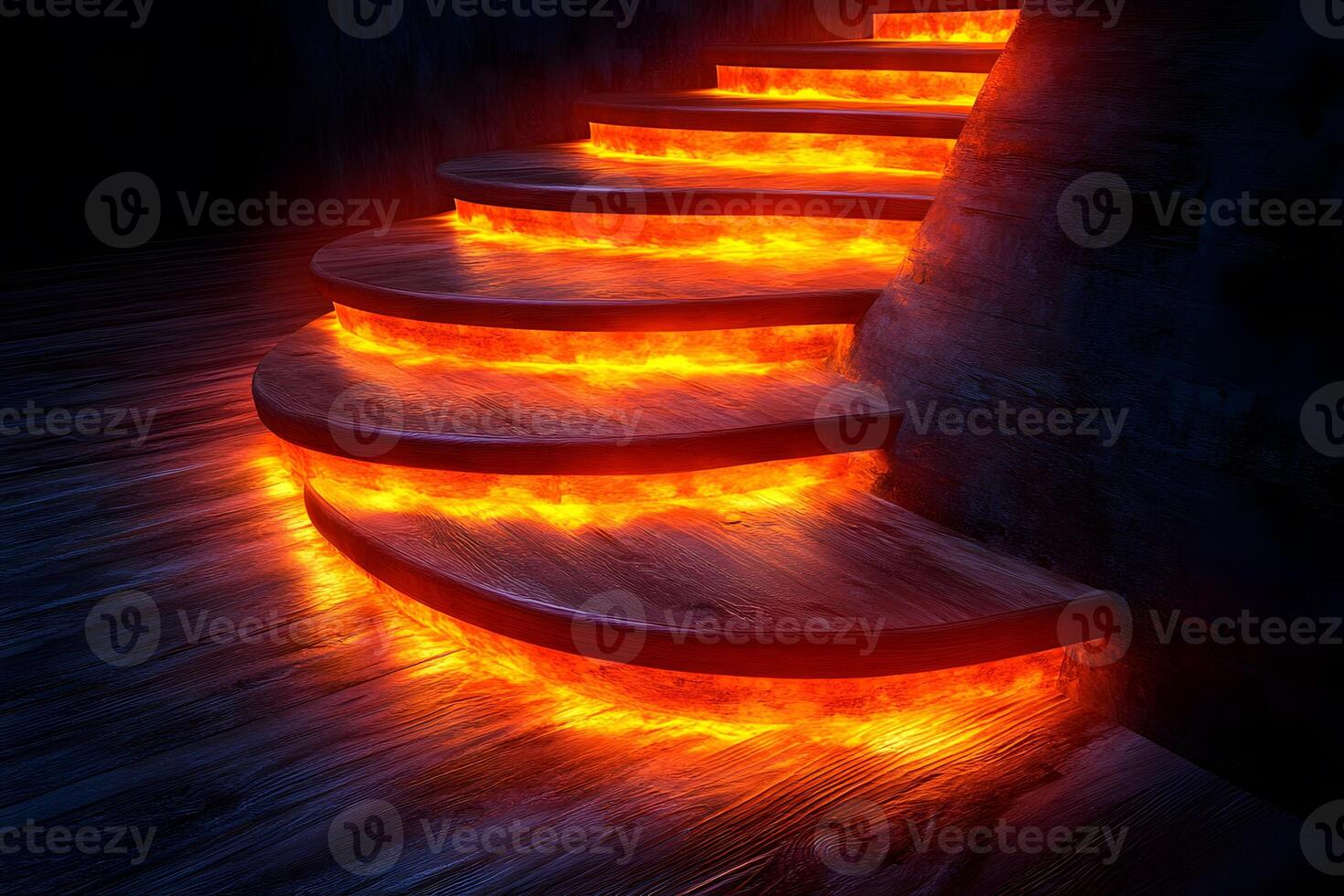 Mystical Illuminated Staircase with Glowing Fiery Steps in Dark Ambiance photo