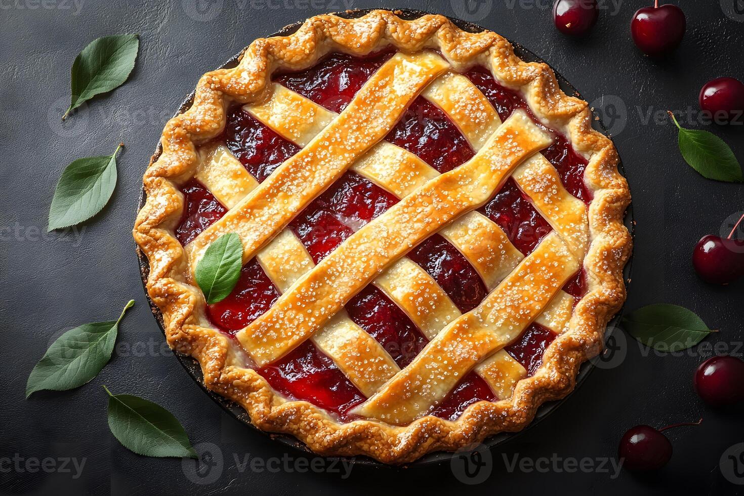 Cherry Pie with Lattice Crust on Dark Background for Culinary Design and Print photo
