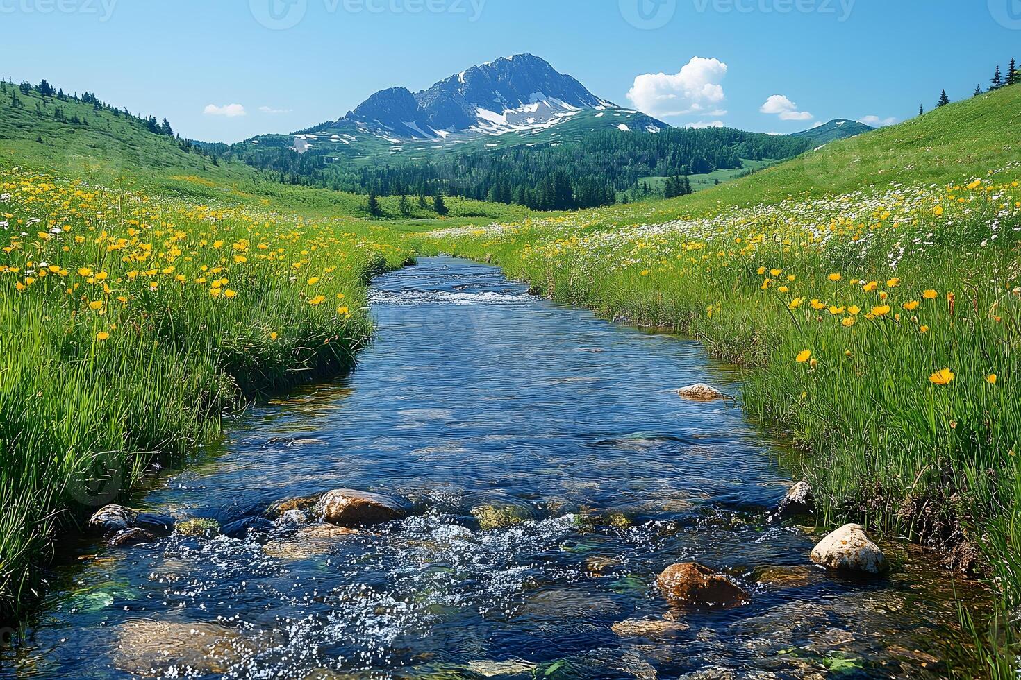 Tranquil Mountain Landscape with Wildflower Meadow and Serene Stream in Summer photo