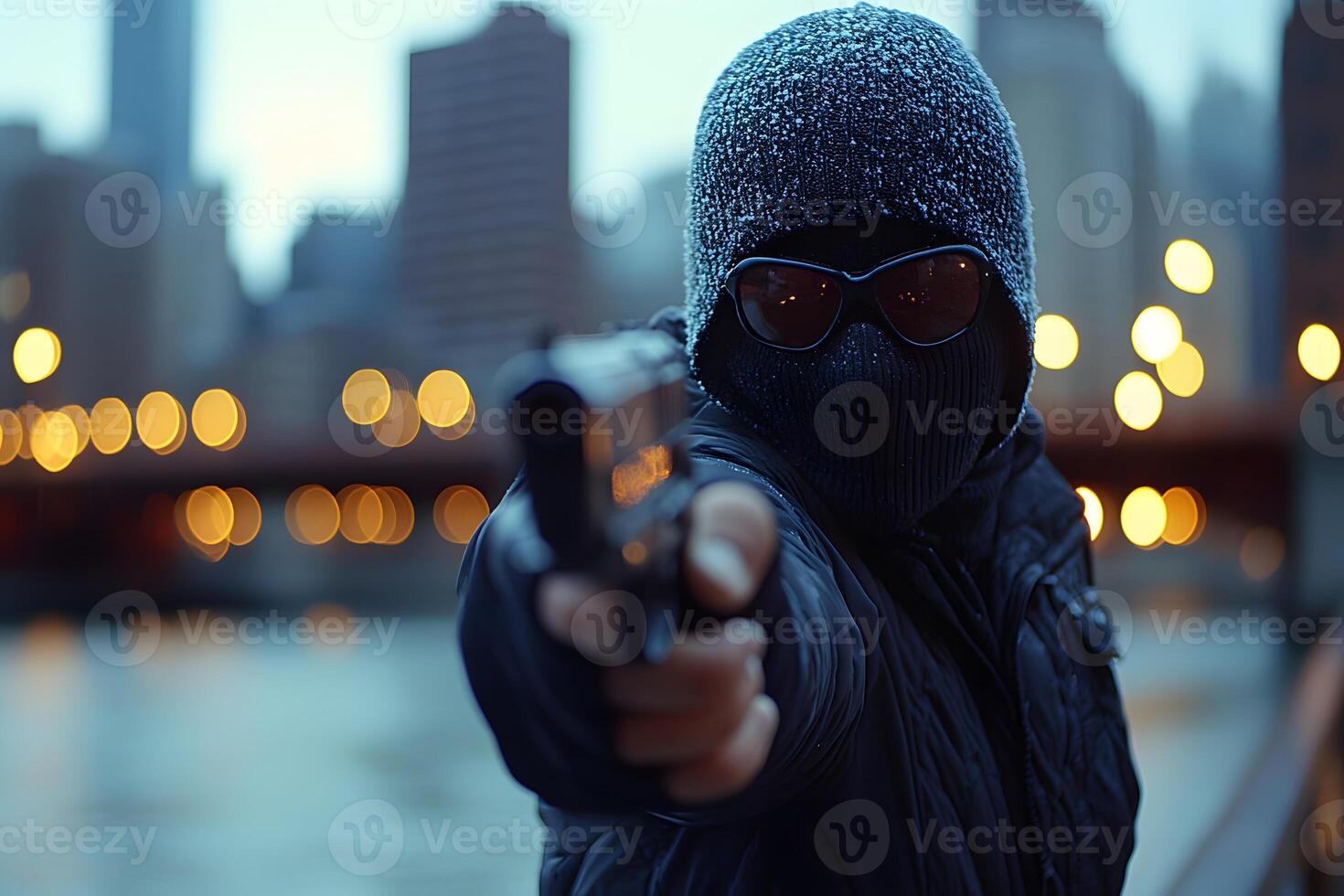 Urban Crime Scene Concept with Hooded Figure Pointing Handgun at Dusk photo