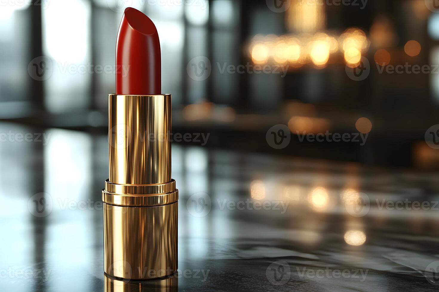 Luxury Red Lipstick on Elegant Marble Counter in Warm Ambient Lighting photo