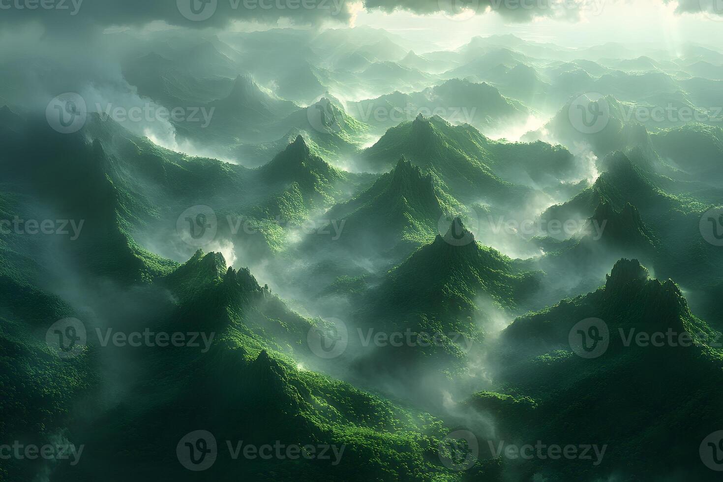 Majestic Mountain Range with Rolling Fog and Mystical Atmosphere - Nature Photography for Posters photo
