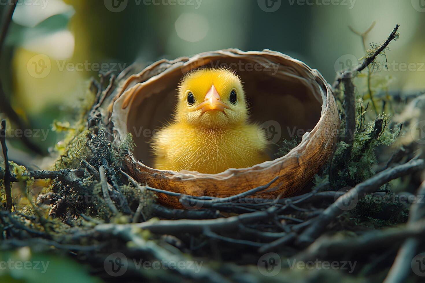 Adorable Yellow Duckling in Natural Nest for Springtime Wildlife Themes photo