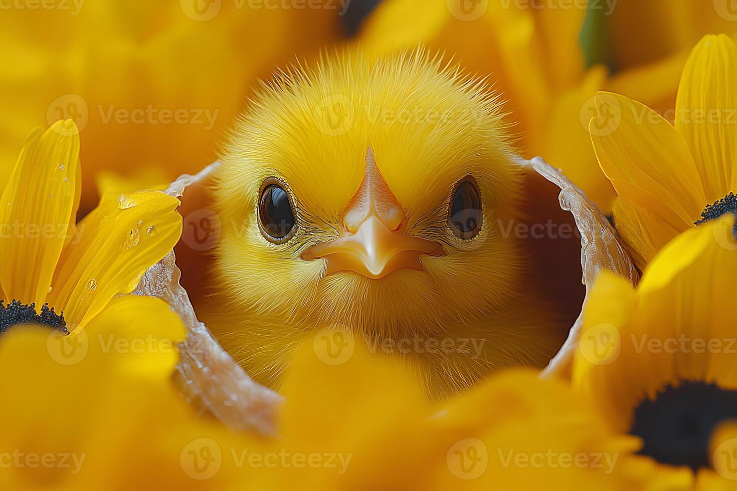Adorable Chick Nestled Among Vibrant Sunflowers in Spring Setting photo