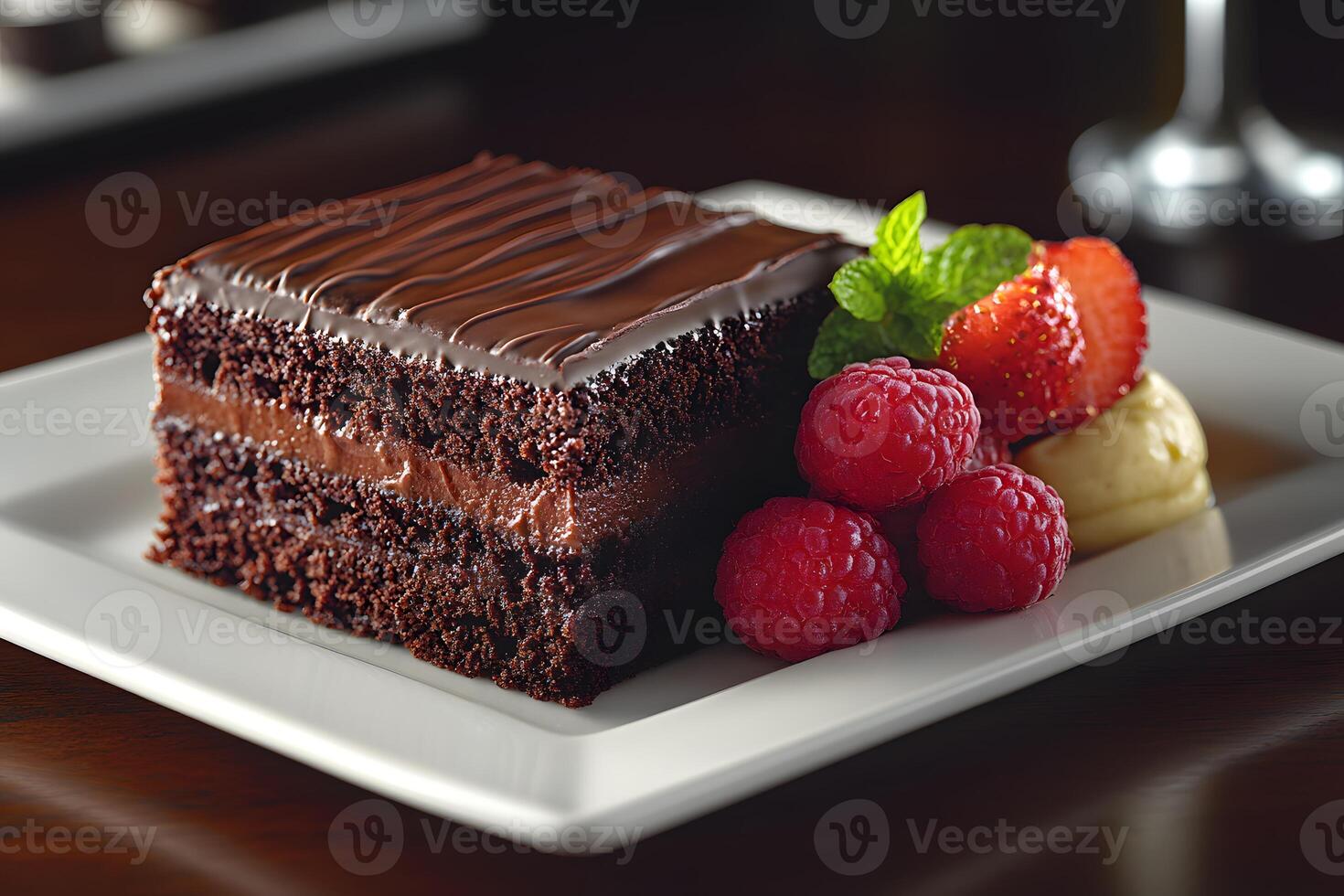 Decadent Chocolate Cake Slice with Berries for Dessert Menu and Food Photography photo