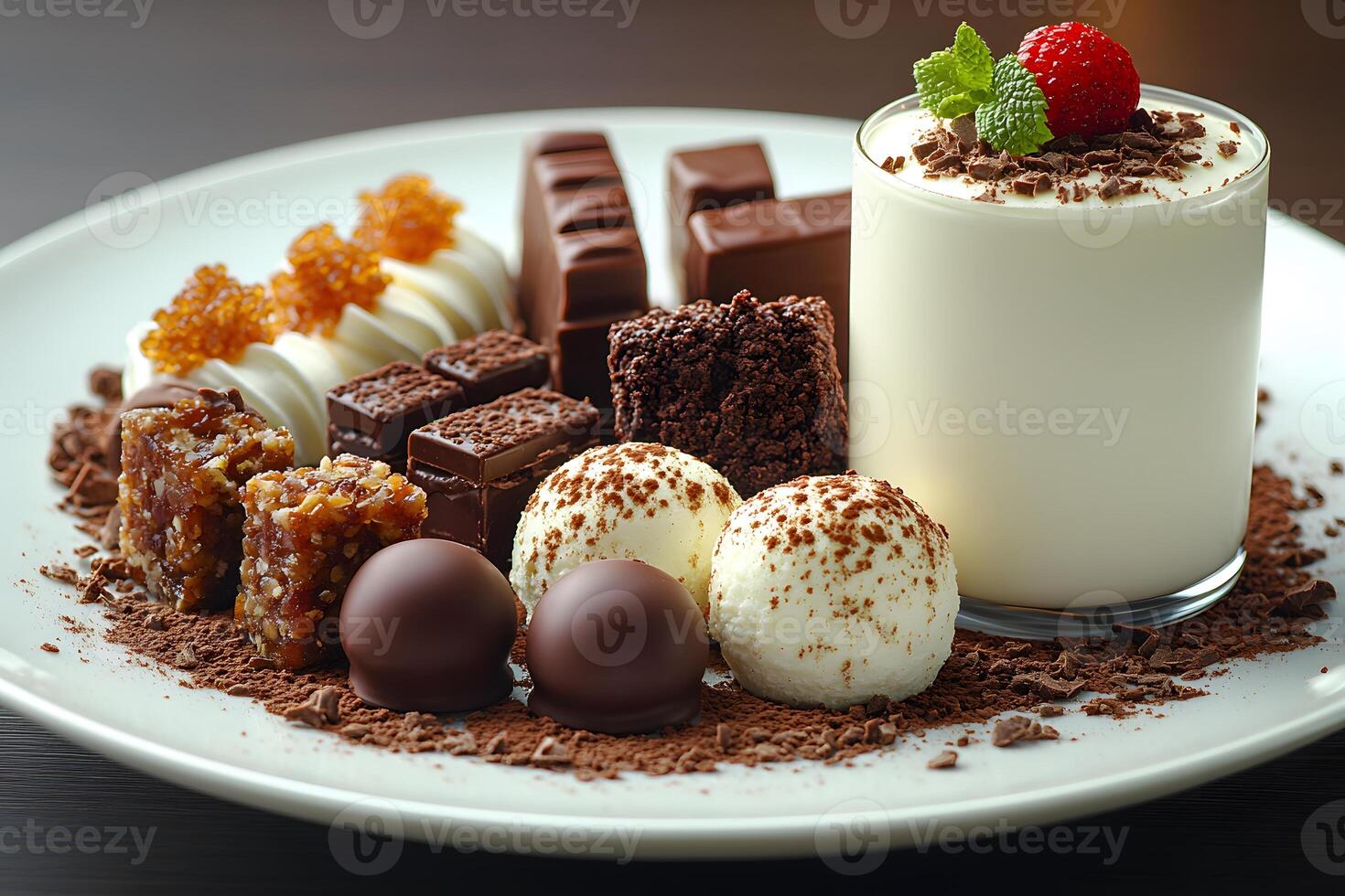Gourmet Dessert Platter with Chocolate Varieties and Whipped Cream Garnish for Luxurious Culinary Inspiration photo