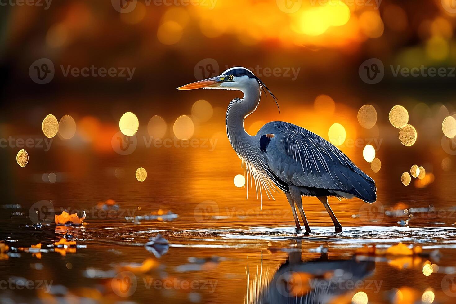 Heron in Golden Sunset Reflection Autumn Wildlife Photography for Nature Enthusiasts photo