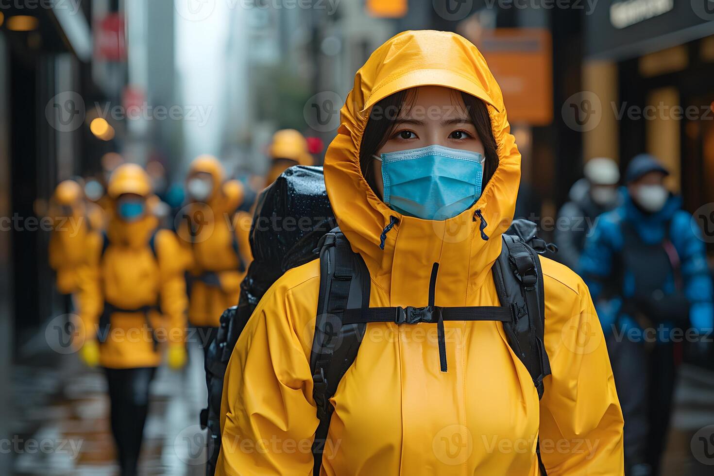 Urban Exploration in Rainy Weather with People in Yellow Raincoats and Masks photo