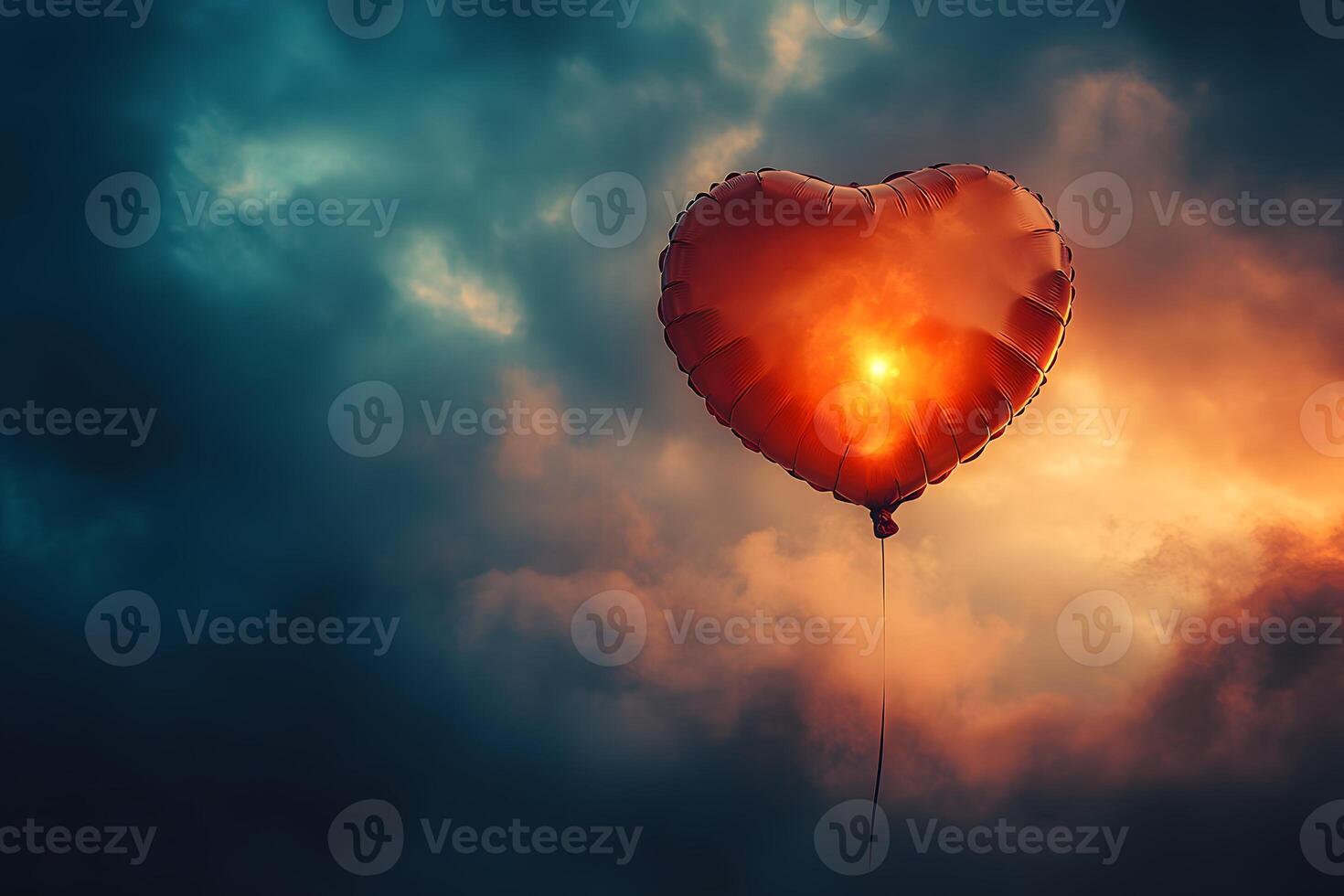 Heart-Shaped Balloon Rising Amidst Dramatic Sunset Clouds for Romantic Themes photo