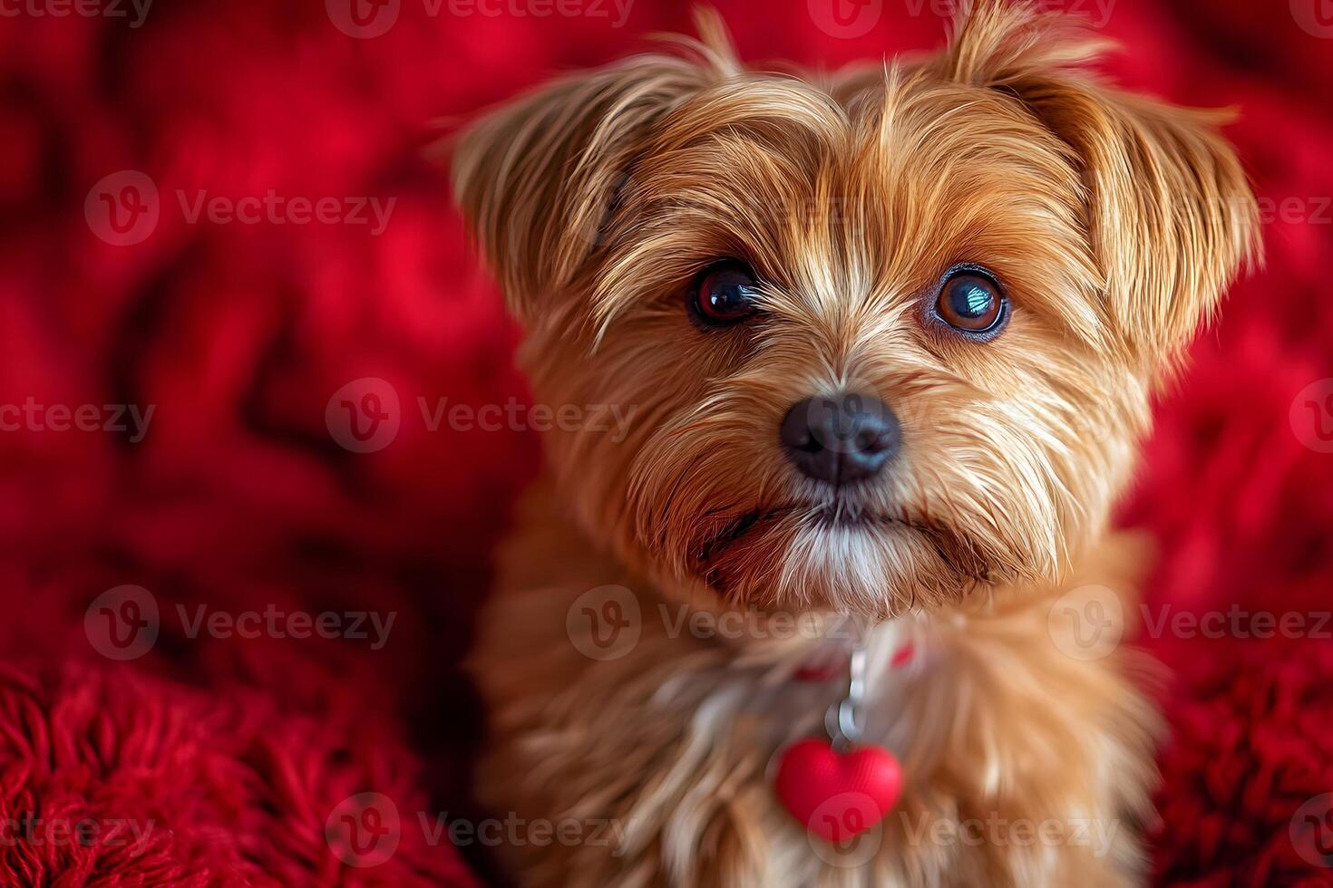 Adorable Yorkshire Terrier Pup on Red Cozy Blanket - Perfect for Pet-themed Design photo