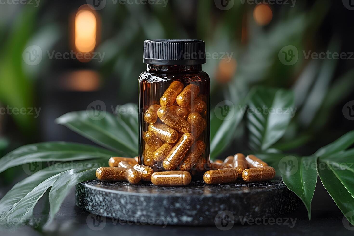 Herbal Supplement Capsules with Amber Bottle for Health and Wellness in Natural Setting photo