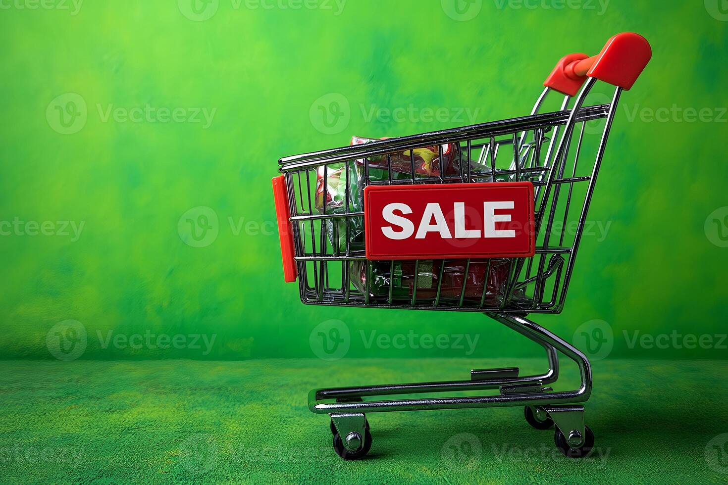 Shopping Cart with Sale Sign on Vibrant Green Background - Retail Promotion Concept photo
