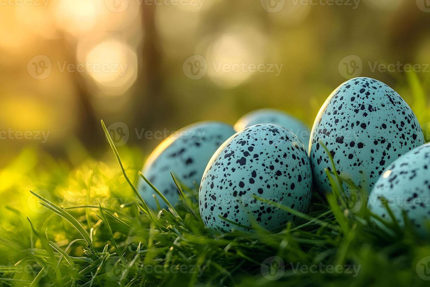 Speckled Easter Eggs on Grass in a Sunlit Spring Setting for Holiday Designs photo
