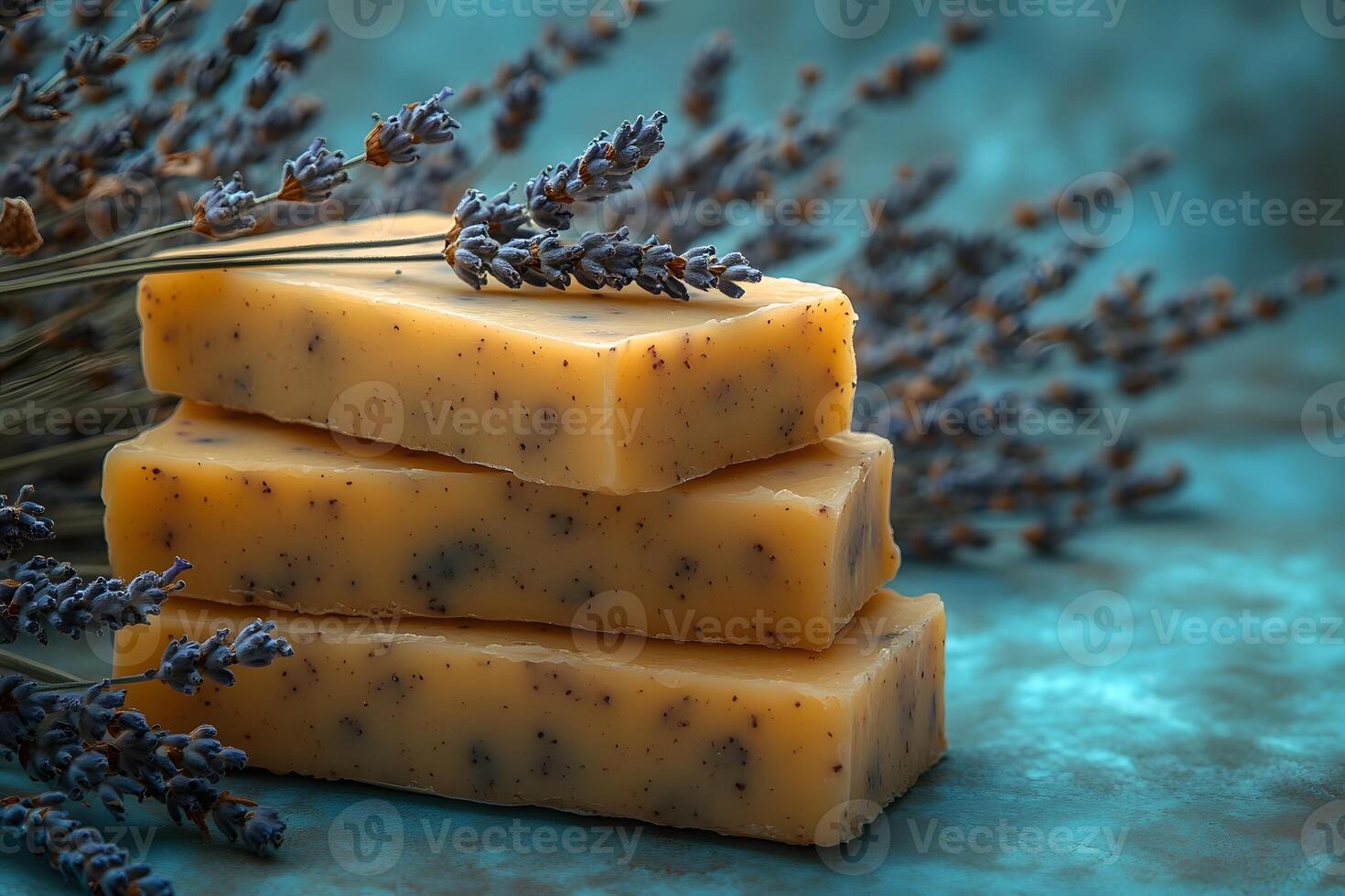 Handmade Lavender Soap Bars with Dried Flowers on Rustic Background for Spa and Wellness photo