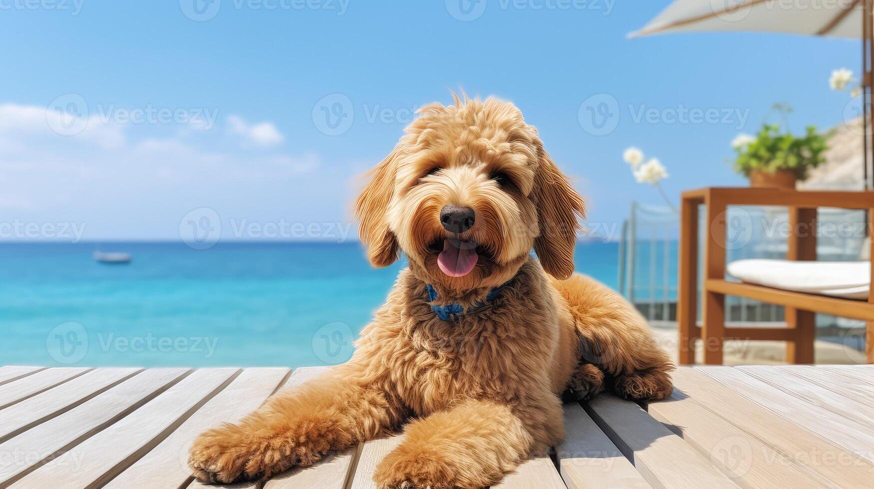 beach golden doodle dogs photo