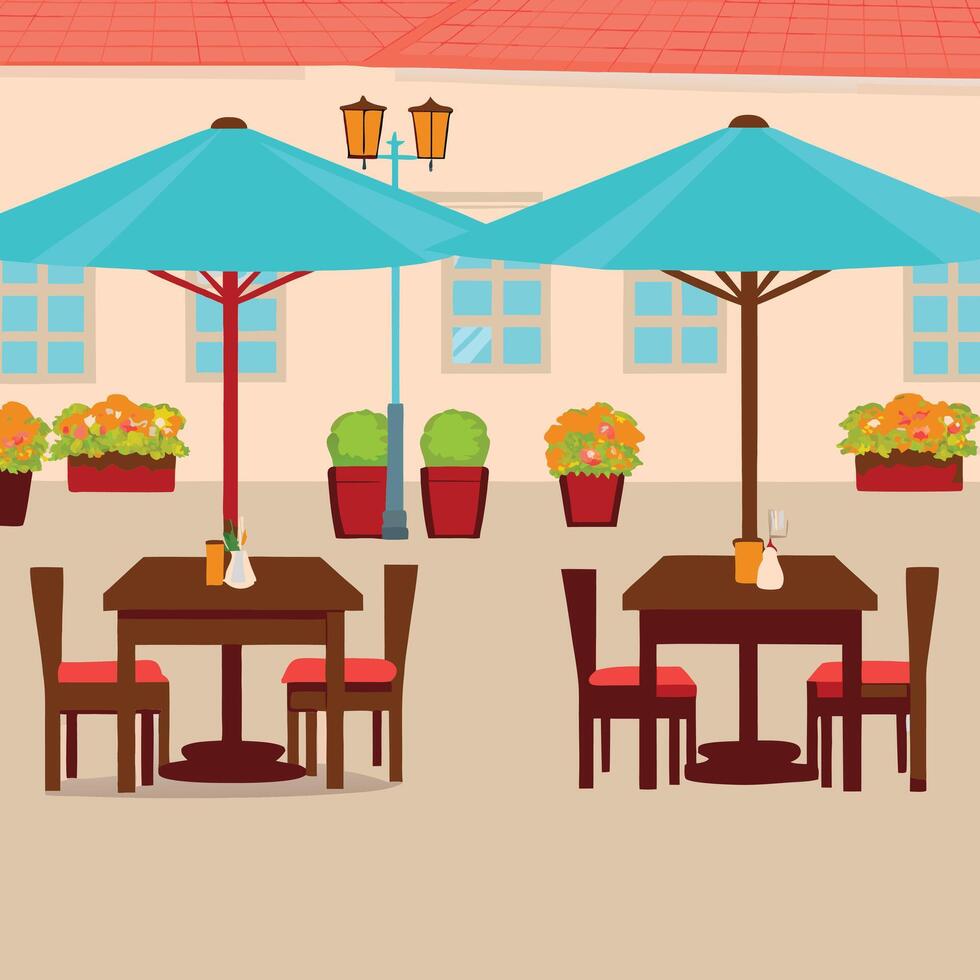 outdoor cafe seating illustration, cozy restaurant patio with umbrellas, tables, and flowers in a courtyard vector