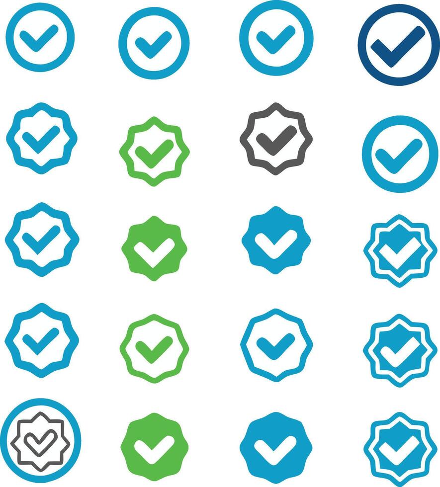 set of checkmark and verified badge icons in blue and green, approval and confirmation symbols vector