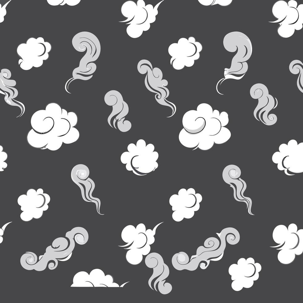 seamless pattern of white fluffy clouds and swirling smoke on dark background, decorative design vector