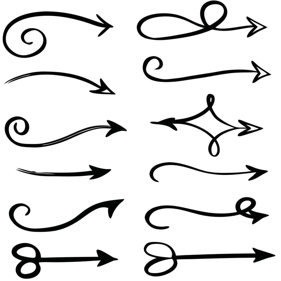 hand drawn decorative arrows set, curly and stylish black arrow illustrations for design elements vector