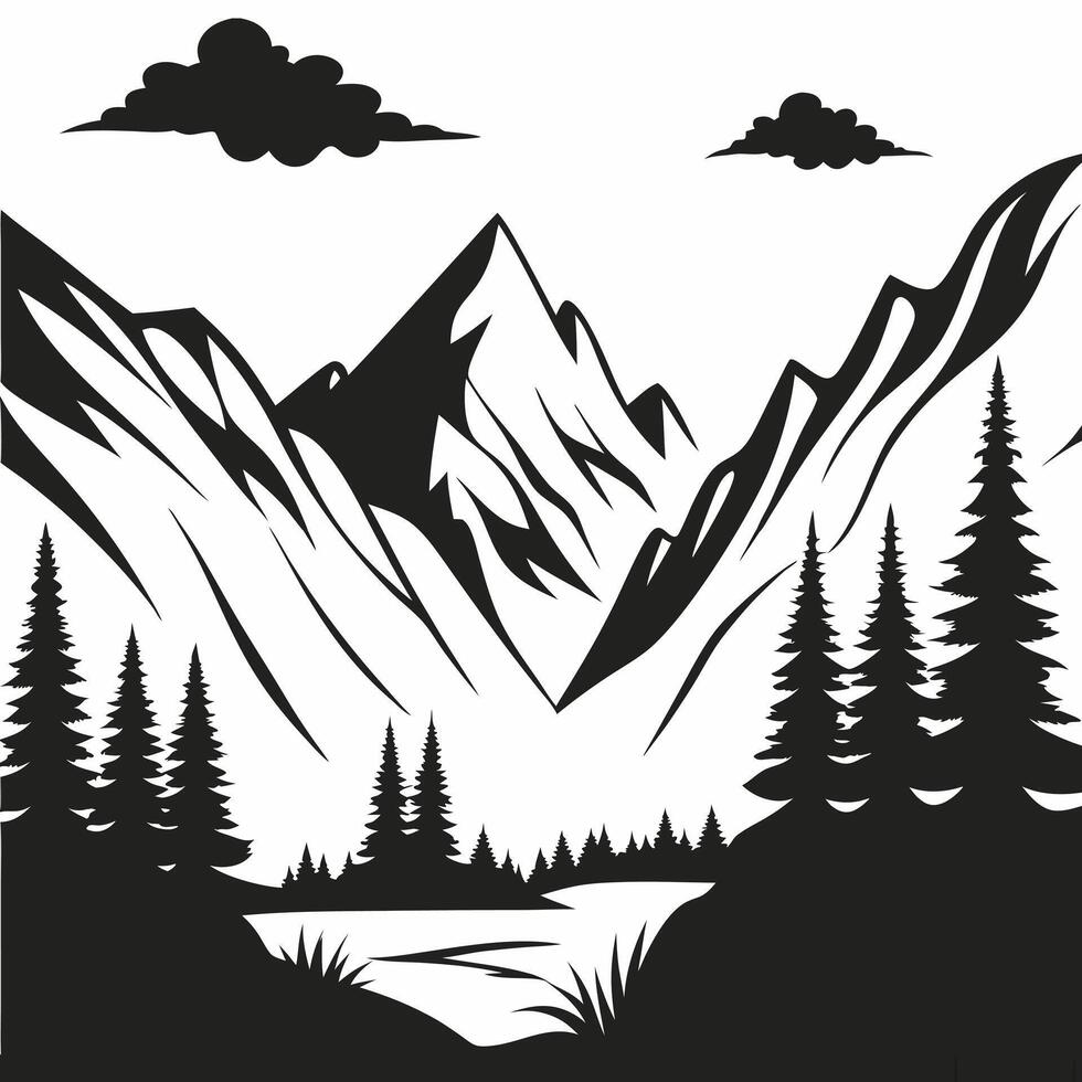 black and white mountain landscape illustration with pine trees, lake, and dramatic peaks vector