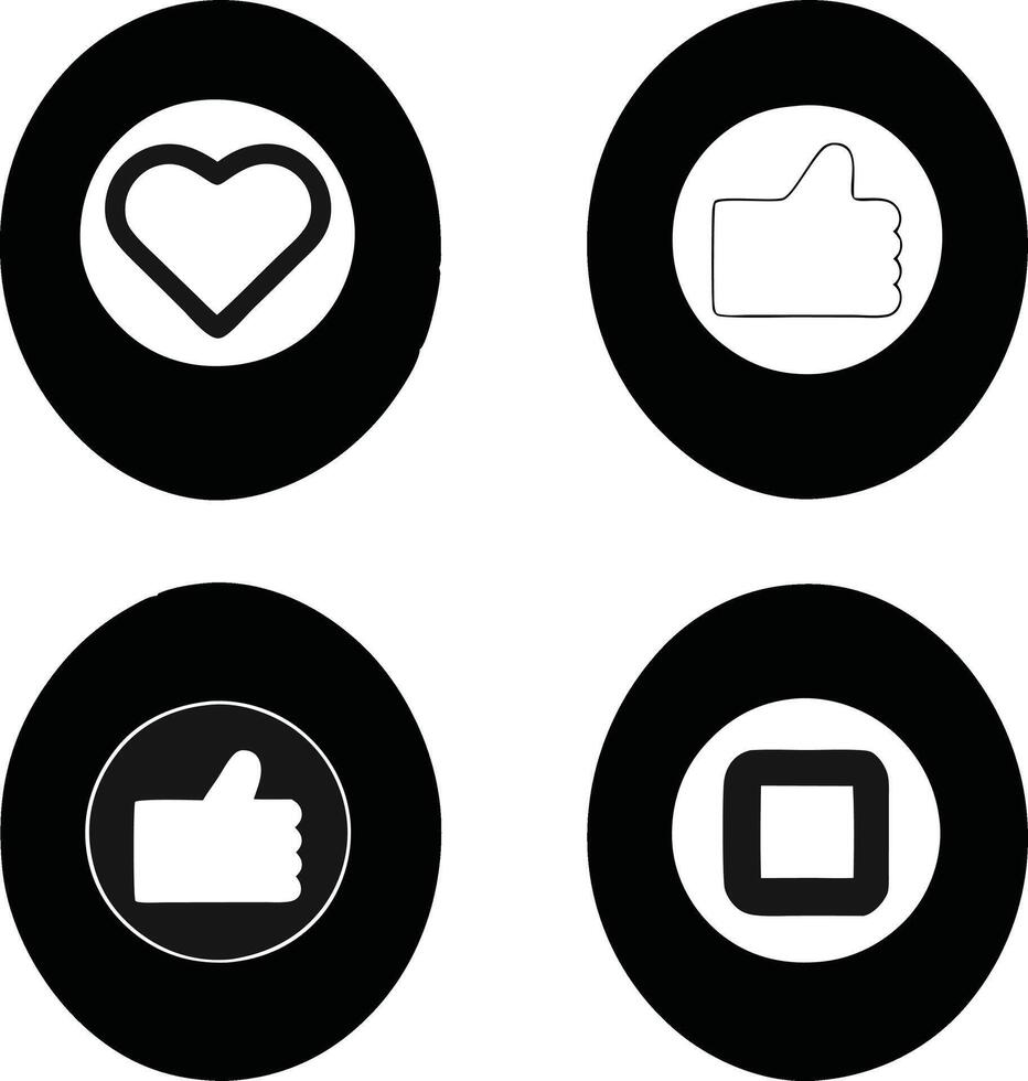 Minimalist Black White Social Media Icons Like, Love, and Stop Symbols vector
