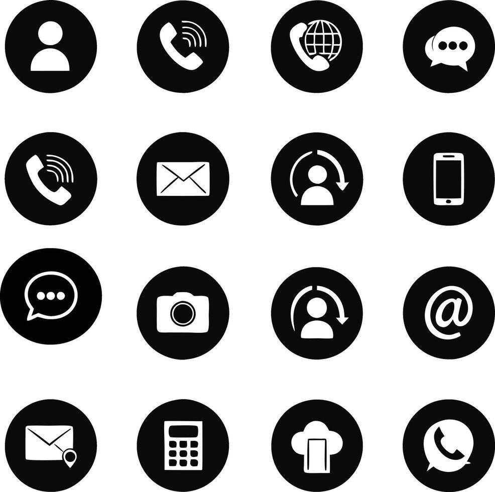 set of black and white communication icons, contact symbols for phone, email, chat, and cloud vector