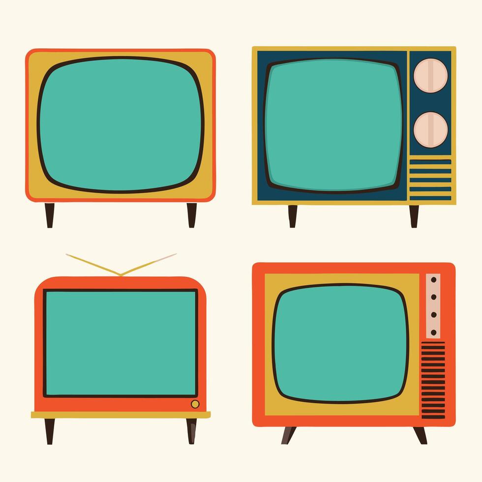 set of retro television illustrations, vintage tv designs in nostalgic mid century style vector