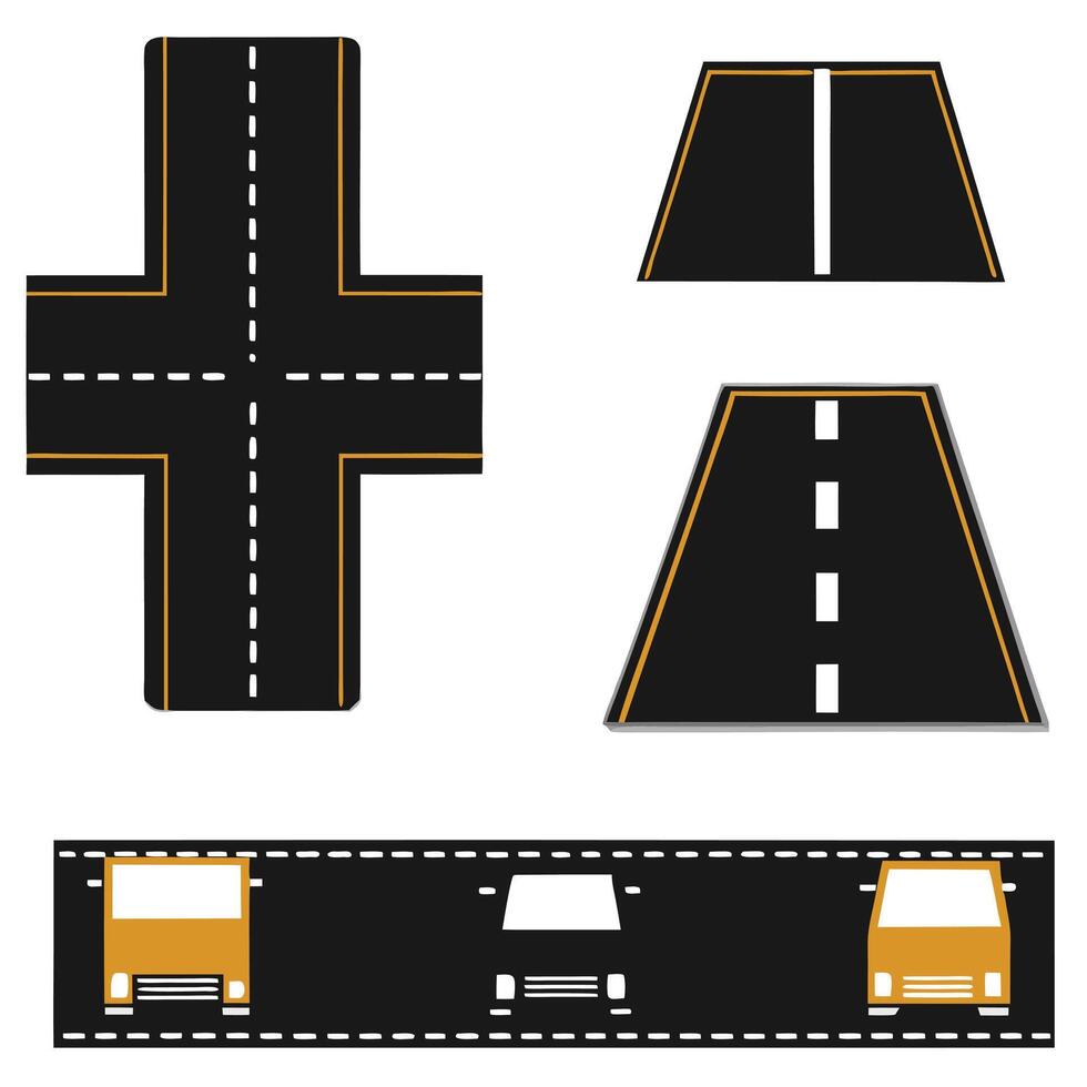 set of road elements and highway illustrations with traffic, transportation and urban infrastructure vector