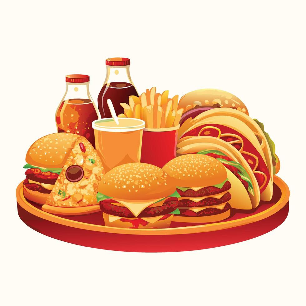 delicious fast food platter with burgers, pizza, tacos, fries, soda bottles, and juice on a serving tray vector