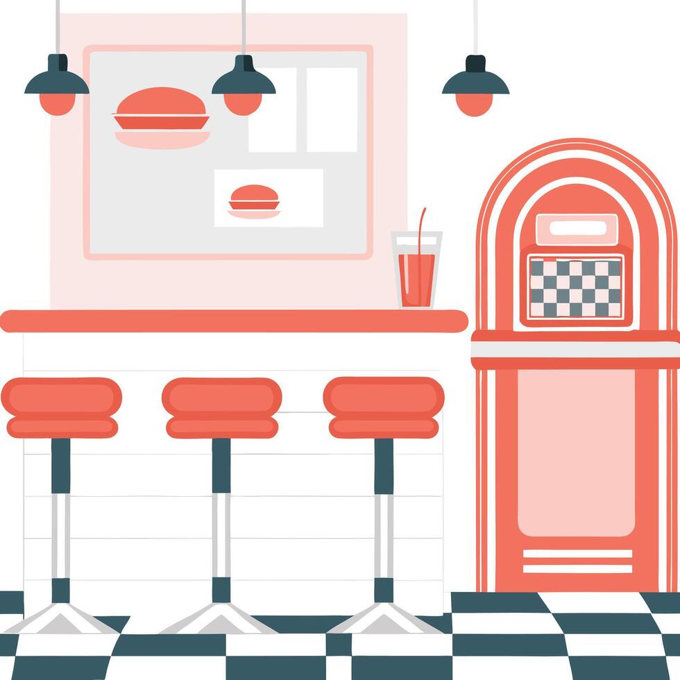 retro diner interior illustration with bar stools, jukebox, and vintage decor in red and white theme vector