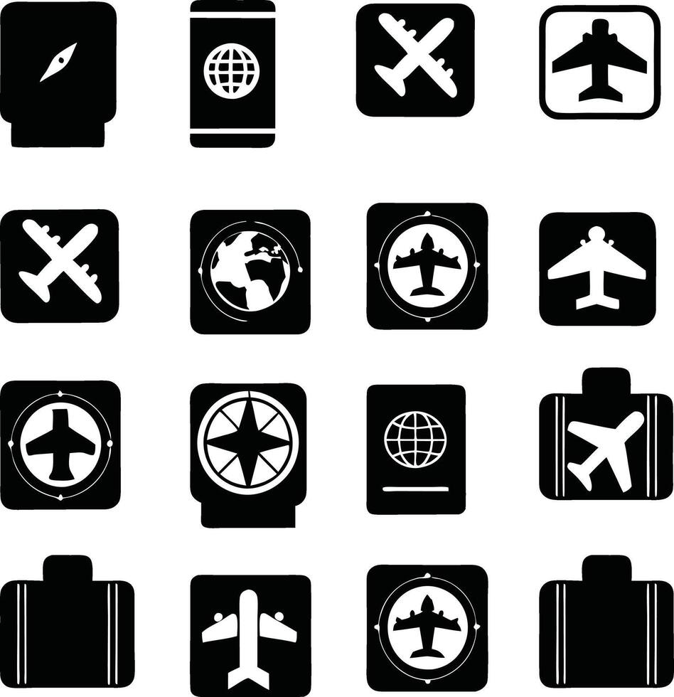set of travel and aviation icons, airplane, passport, luggage, and navigation symbols in black vector
