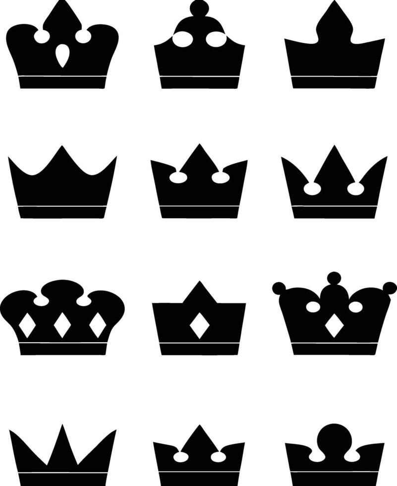 set of black crown icons, royal symbols for kings, queens, luxury, and monarchy designs vector
