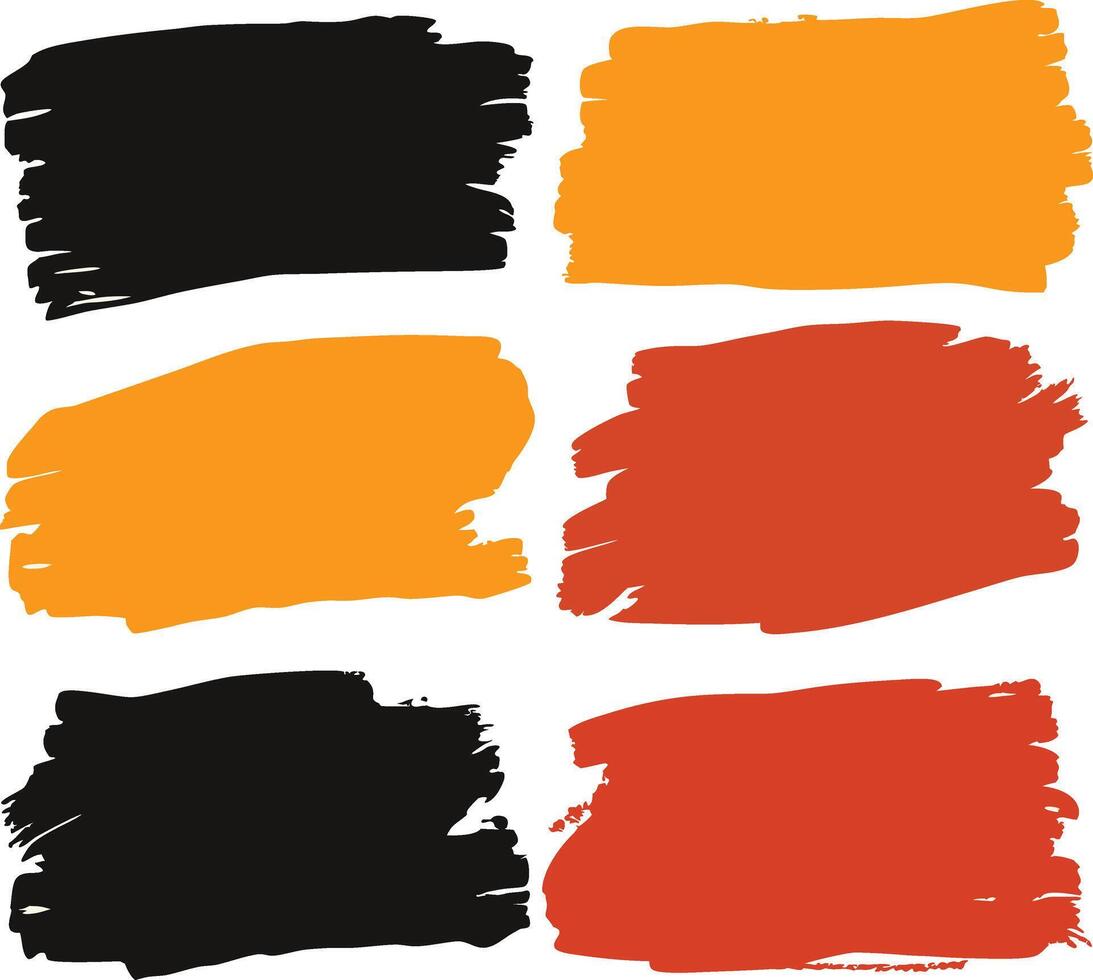 set of abstract paint brush strokes in black, orange, and red, artistic grunge design elements vector