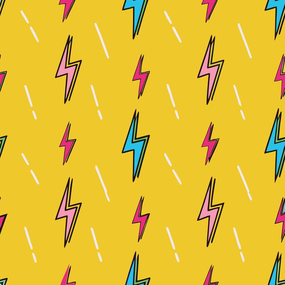 seamless lightning bolt pattern on yellow background, retro pop art electric energy design vector