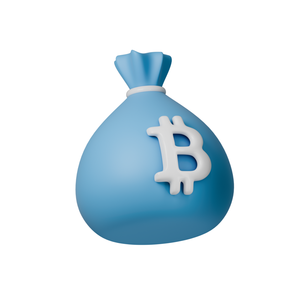 3D illustration of blue money bag with Bitcoin symbol, representing cryptocurrency wealth and digital finance. Perfect for finance, investment, and technology themes. png