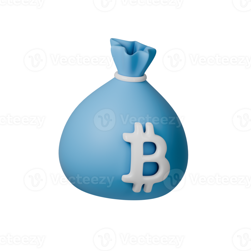 3D illustration of a blue money bag with a Bitcoin symbol, ideal for concepts on cryptocurrency png