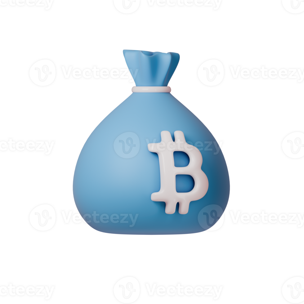 3D illustration of a blue money bag with a Bitcoin symbol, ideal for concepts on cryptocurrency, finance, and digital currency png