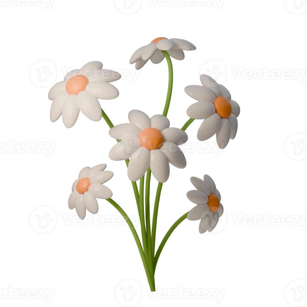 Bright and cheerful 3D illustration of white daisy flowers with orange centers. Perfect for spring themes, floral designs, or nature-related projects. png