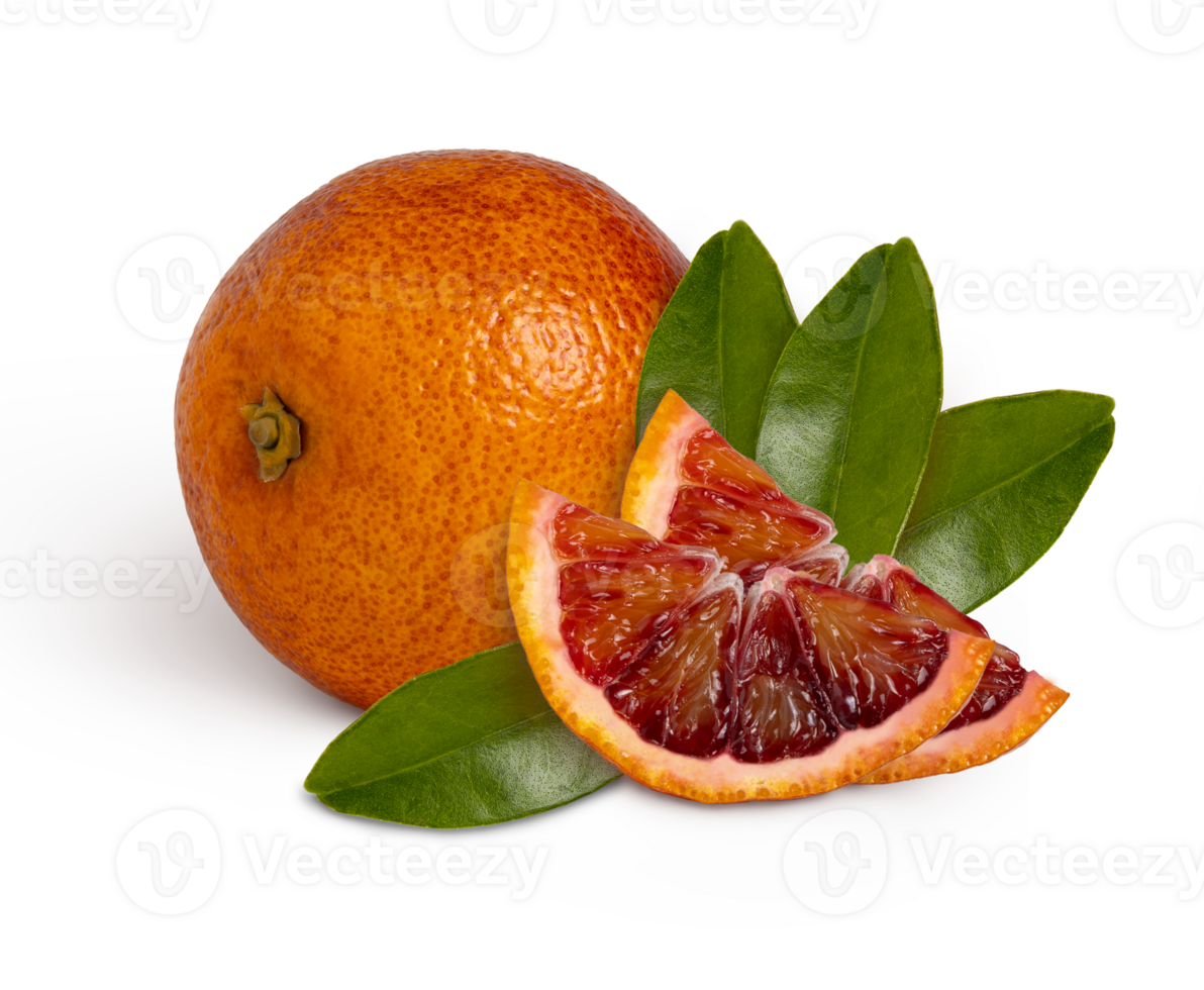 blood red orange with slice and leaves isolated with clipping path, full depth of field png