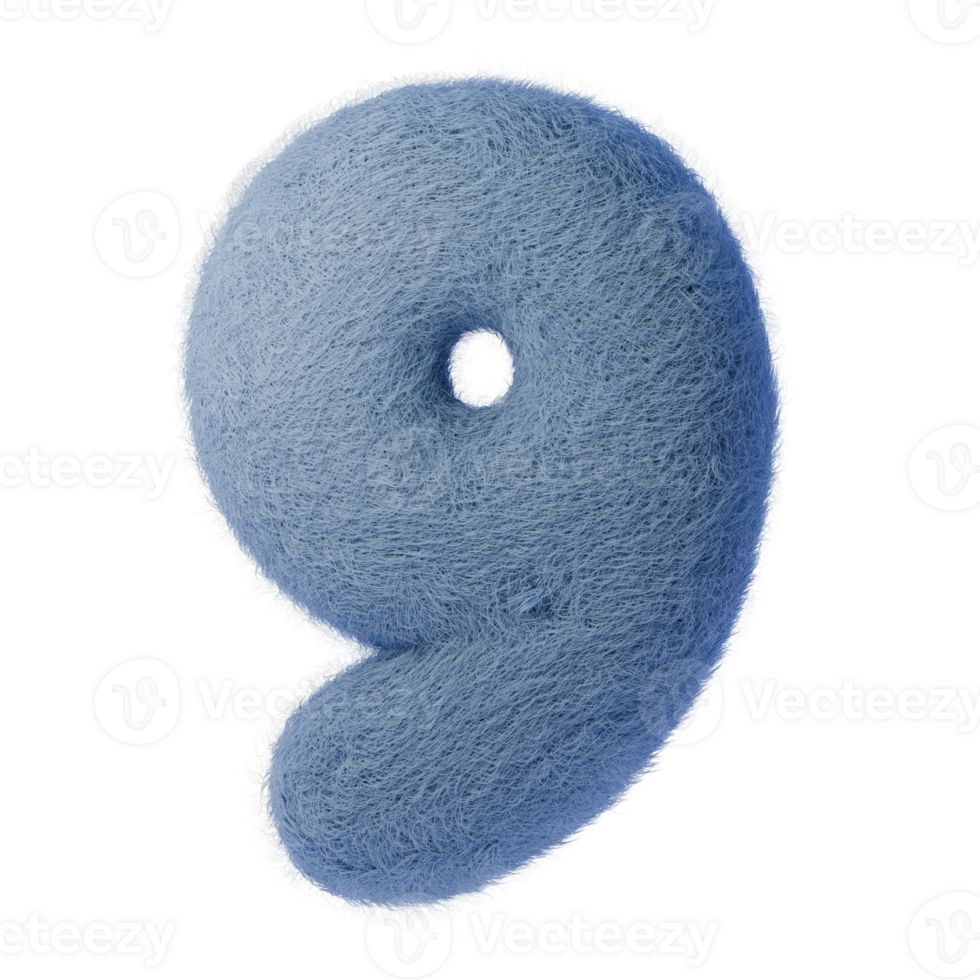 3d number 9 from felt, Soft blue, fluffy 3D number nine illustration, ideal for educational materials, digital projects, or decorative designs png