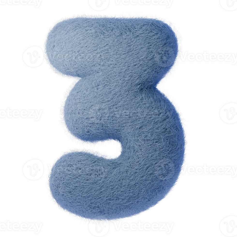 3d number 3 from wool felt, Playful blue number three crafted from fluffy texture, perfect for educational materials, birthdays, and children's designs png
