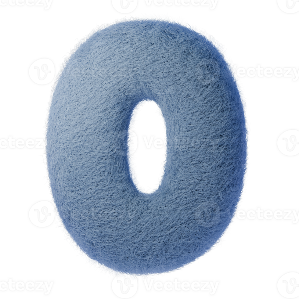 3d number 0 from wool felt. Soft, fluffy, blue 3D number zero design for modern projects. Ideal for digital or print use in children's themes, education, and creative png