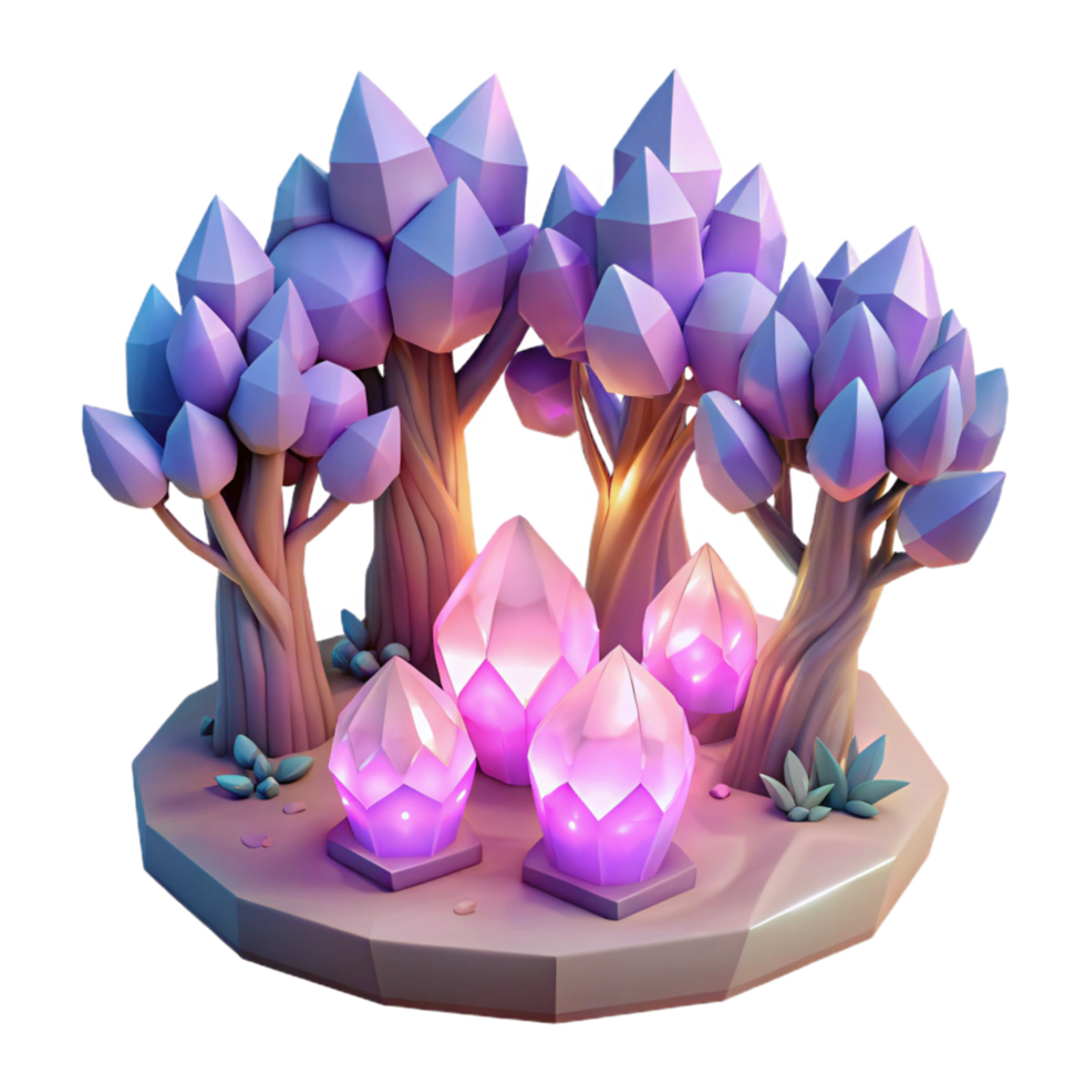 Glowing Crystal Forest Low Poly 3D Render png