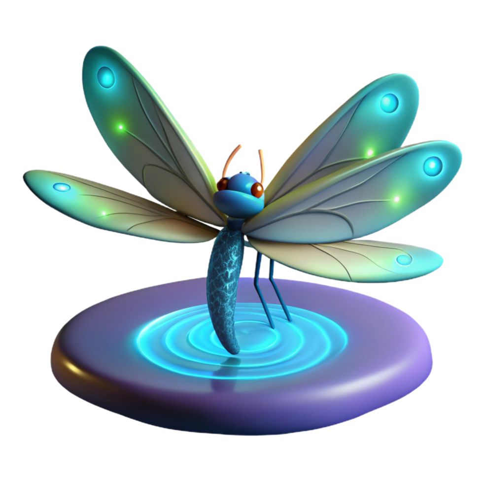 Luminous Dragonfly on Glowing Pad 3D Render of Fantasy Insect png