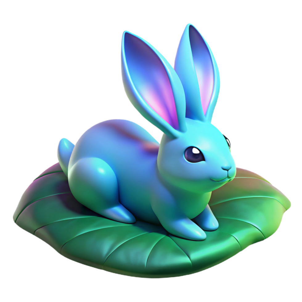 Vibrant Blue Rabbit on a Green Leaf 3D Render png