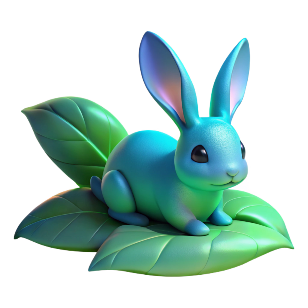 Cute Blue Rabbit on Green Leaves 3D Render png