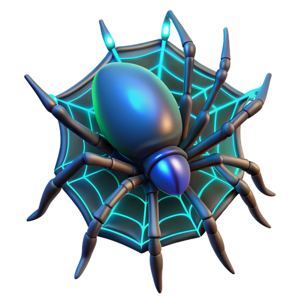Cybernetic Arachnid on Glowing Web 3D Render png